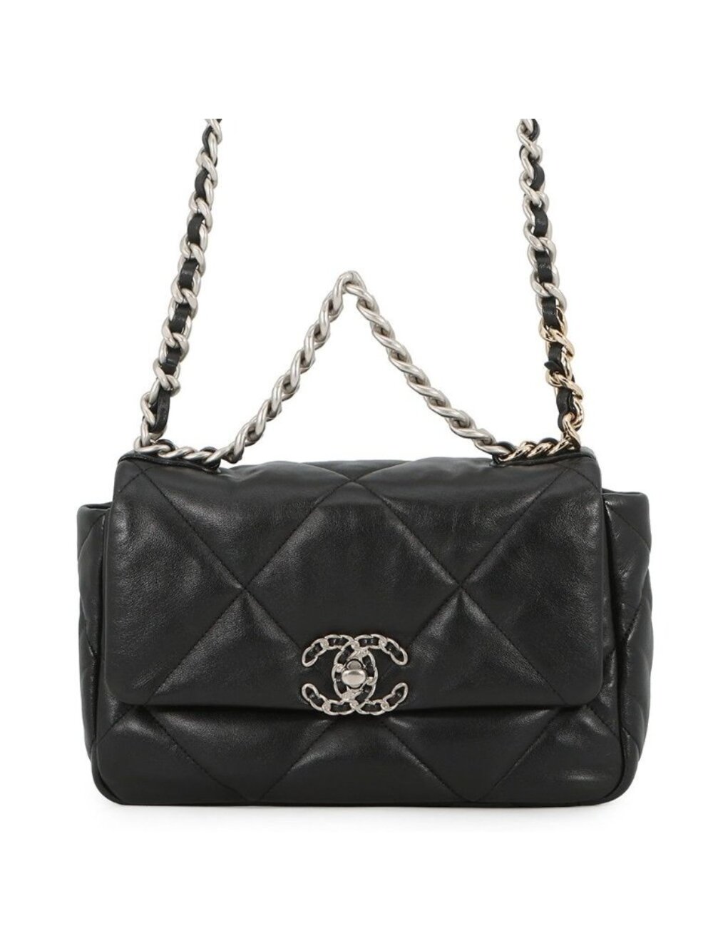 Chanel Chain Shoulder Bag 19 CC Logo Shiny Lambskin Black